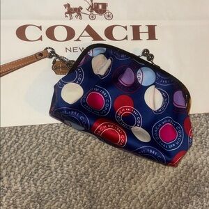 COACH Navy Satin Polka-Dot Kiss-Lock Wristlet with Red & Pink Accents